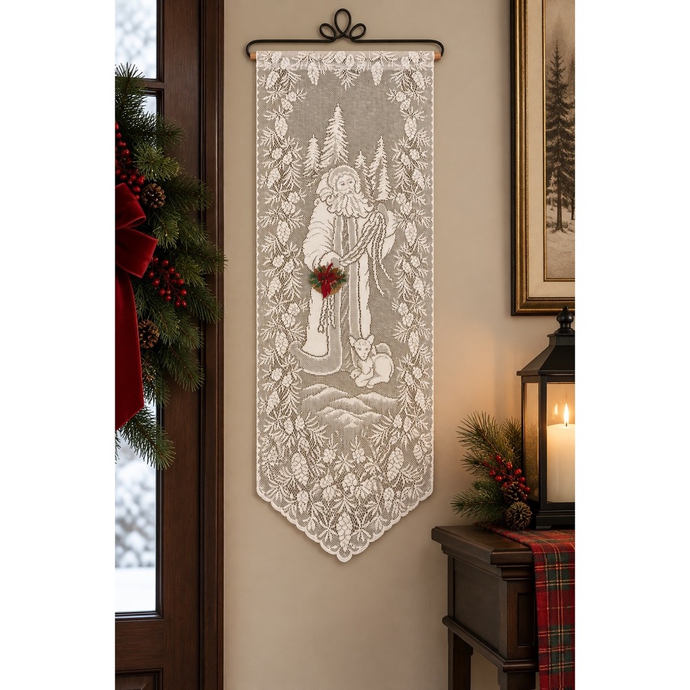 VTG Heritage Lace Father Christmas Pinecone Lace Wall Hanging Santa USA 32"